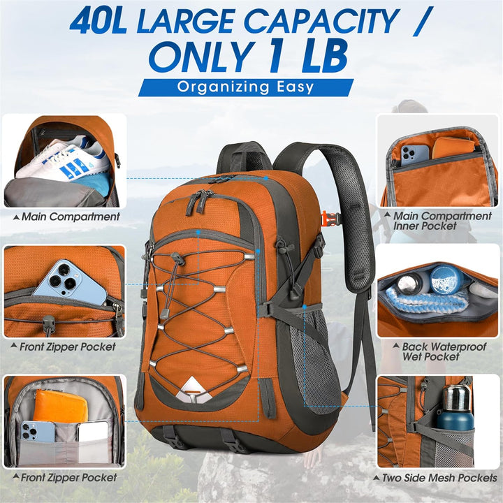 Outdoor 40L hiking backpack, waterproof & lightweight. Unisex packable design for trekking & travel.