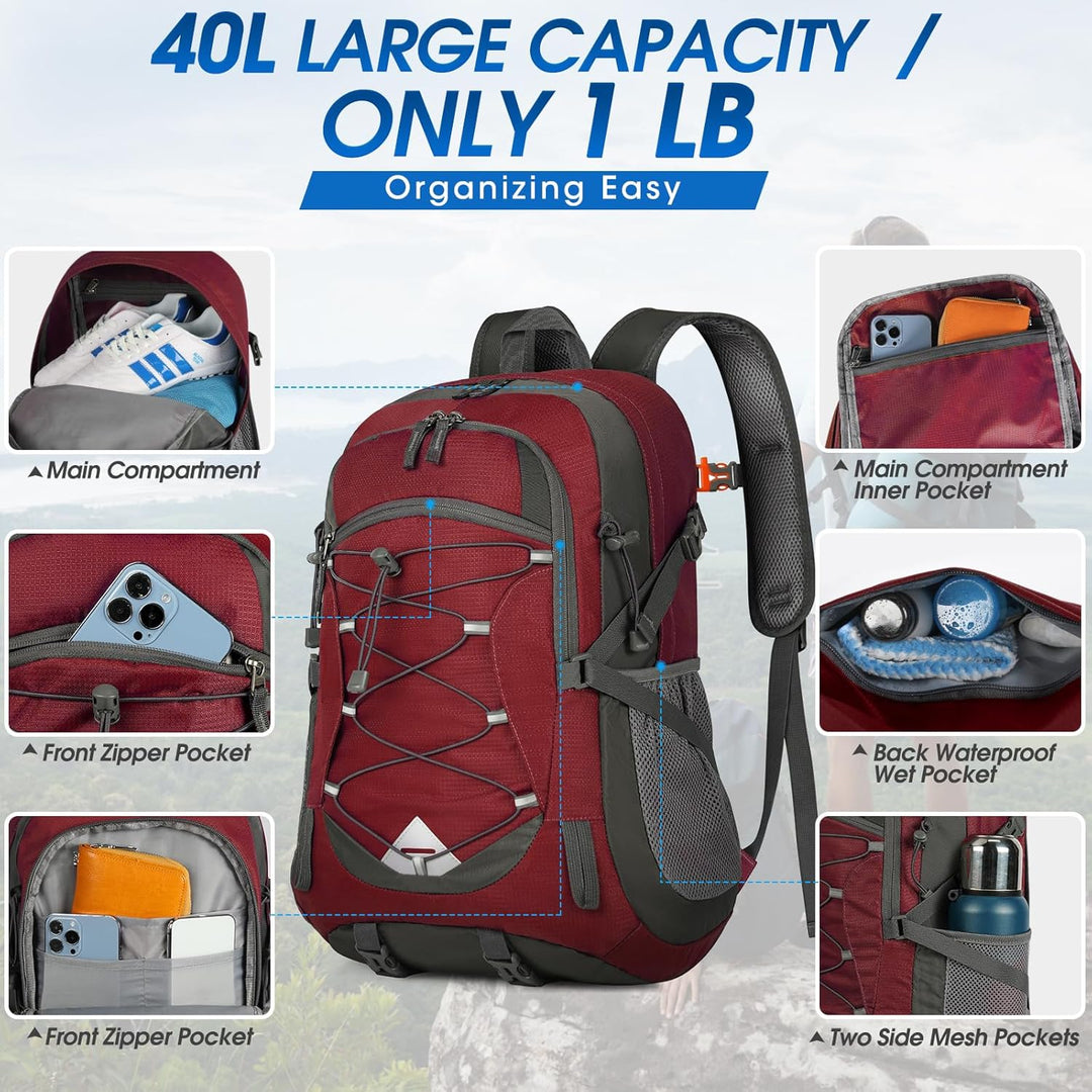 Durable 40L waterproof camping backpack, lightweight & packable. Unisex hiking rucksack.