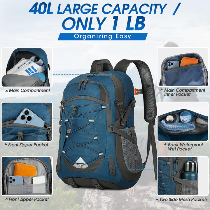 Lightweight 40L waterproof outdoor backpack. Unisex, packable for hiking, camping, & travel.