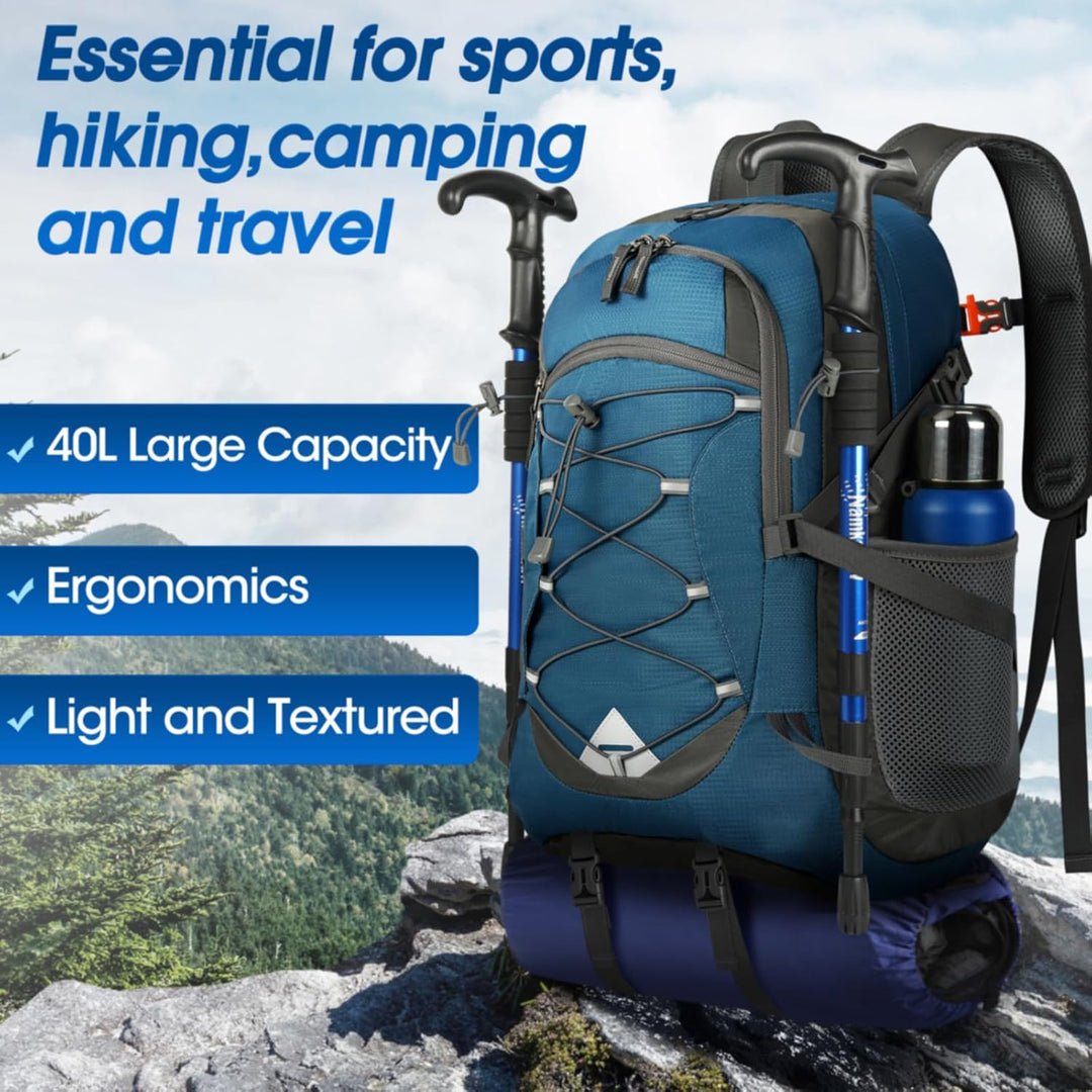 Durable 40L waterproof travel rucksack, lightweight & packable. Unisex for hiking & camping.