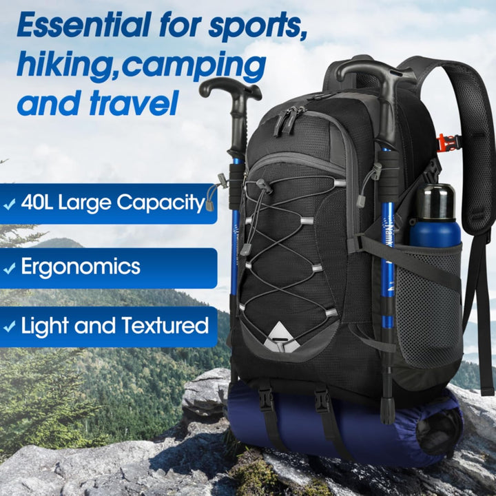Packable 40L unisex hiking backpack, waterproof for all weather. Essential outdoor camping gear.