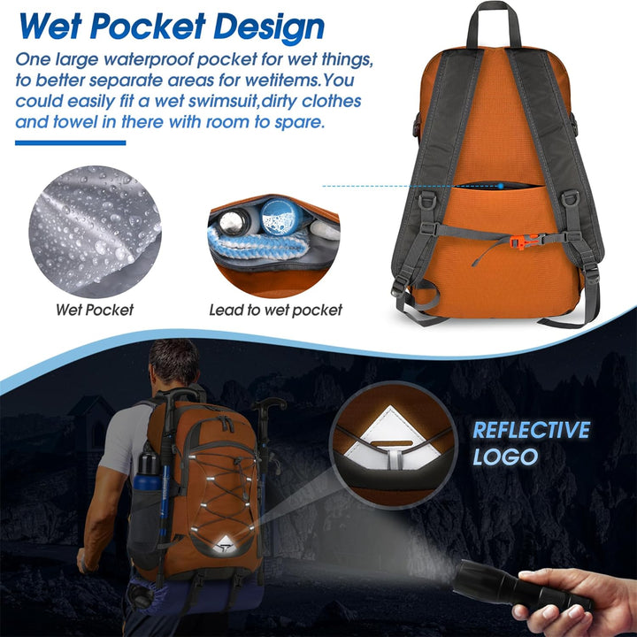 Unisex 40L waterproof camping bag, lightweight for hiking & outdoor adventures. Packable rucksack.