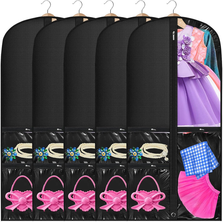 Unisex 5-pack costume garment bags with clear pockets; perfect for dancewear storage & travel.