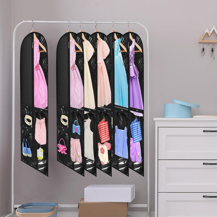 Durable garment bags, 5-pack, for costumes, dance, travel. Clear pockets & fold loop for easy storage.