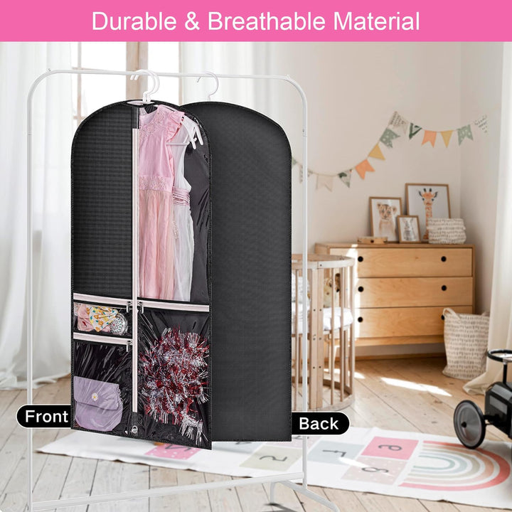 Versatile 5-pack garment bags: ideal for costumes, dance, and travel. Includes clear accessory pockets.