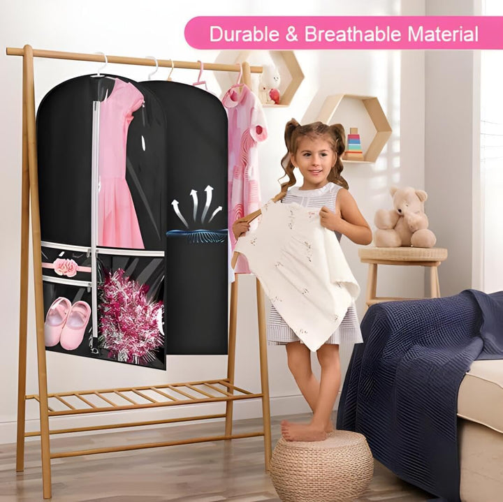 Clear 5-pack garment bags for uniforms, costumes, and dresses. Foldable design with easy view pockets.