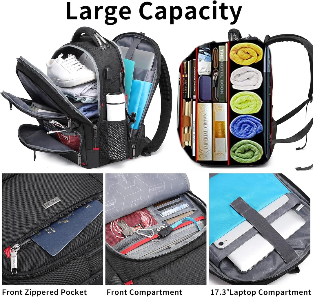 Durable water-resistant 50L unisex travel backpack, comfortable with laptop pocket & USB charger.