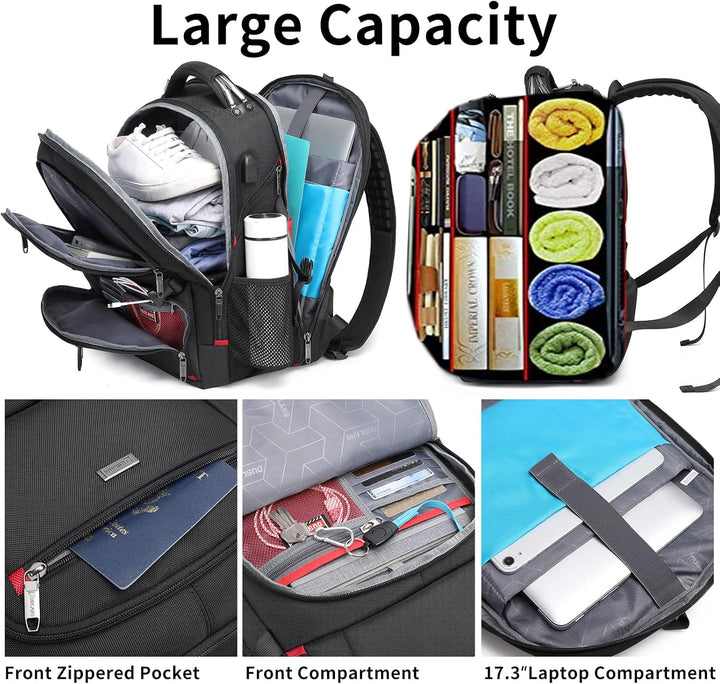 Durable water-resistant 50L unisex travel backpack, comfortable with laptop pocket & USB charger.
