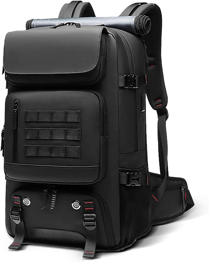 Unisex 50L waterproof travel backpack with shoe compartment, side pockets & USB port, front view