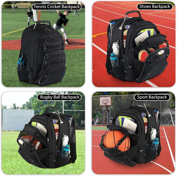 Front view of black 55L unisex travel laptop backpack, durable fabric, with multiple pockets, great for work.