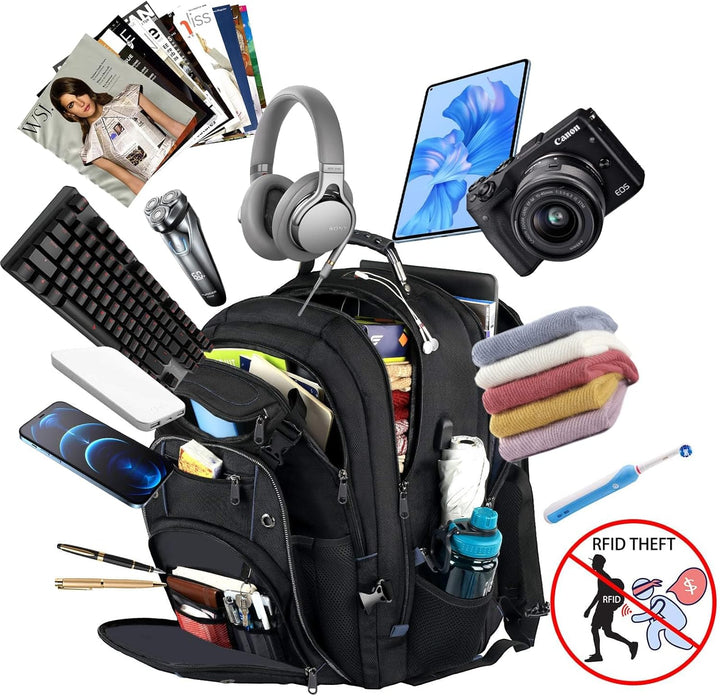 Side profile of a black 55L travel backpack, showcasing its large capacity and sturdy design for travel.