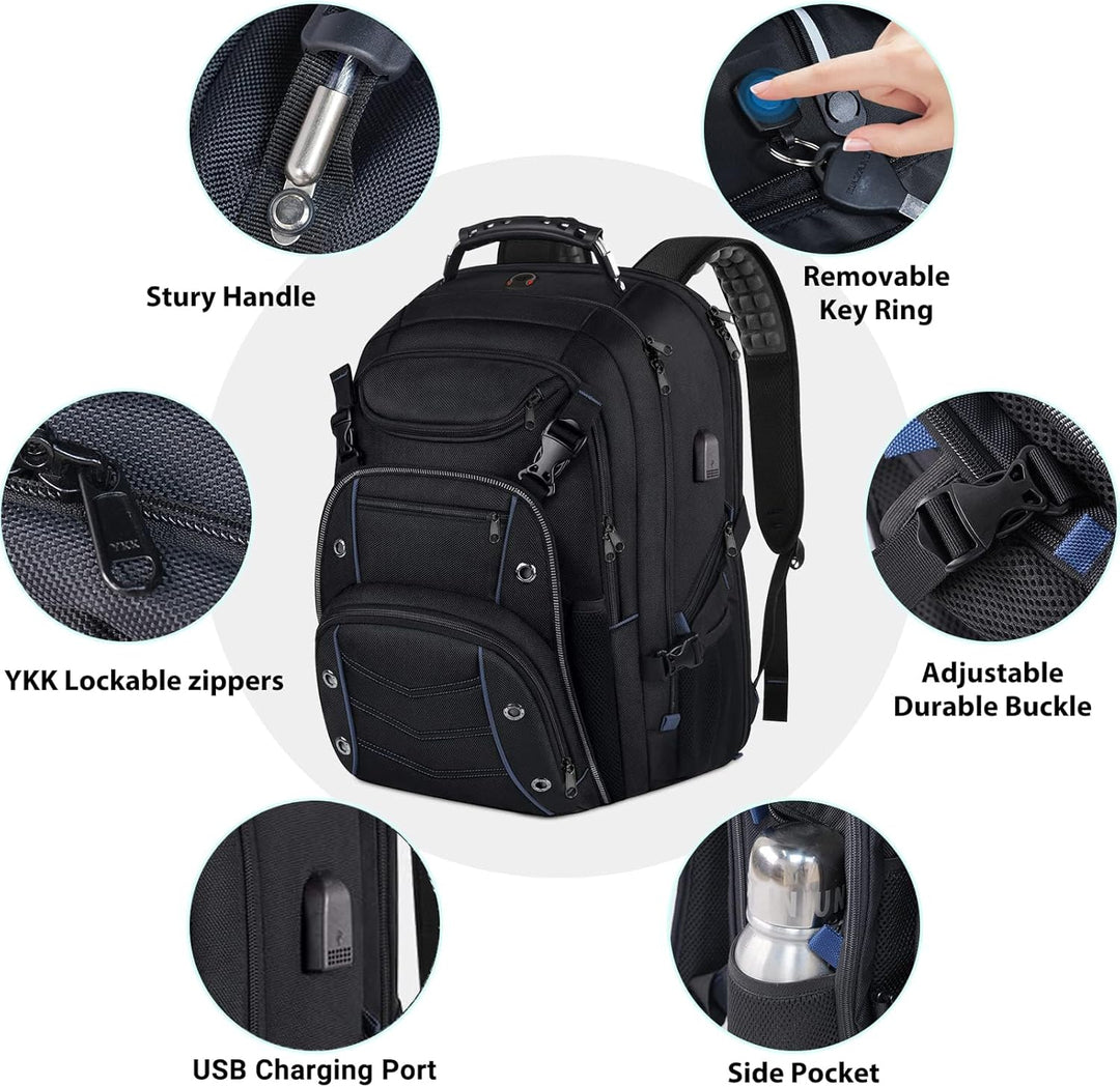 Detail of USB-C charging port on a black 55L unisex travel laptop backpack, convenient for tech on the go.