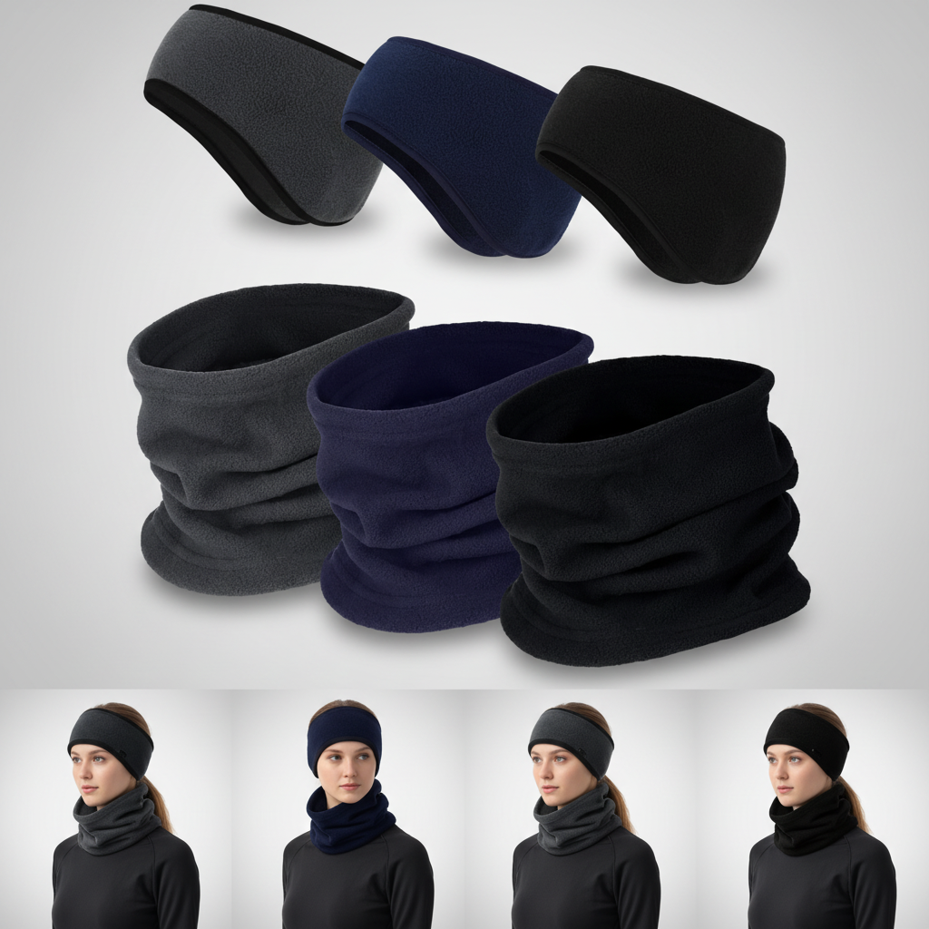 Model wearing ArcticHalt fleece headband and neck warmer, keeping warm in cold weather