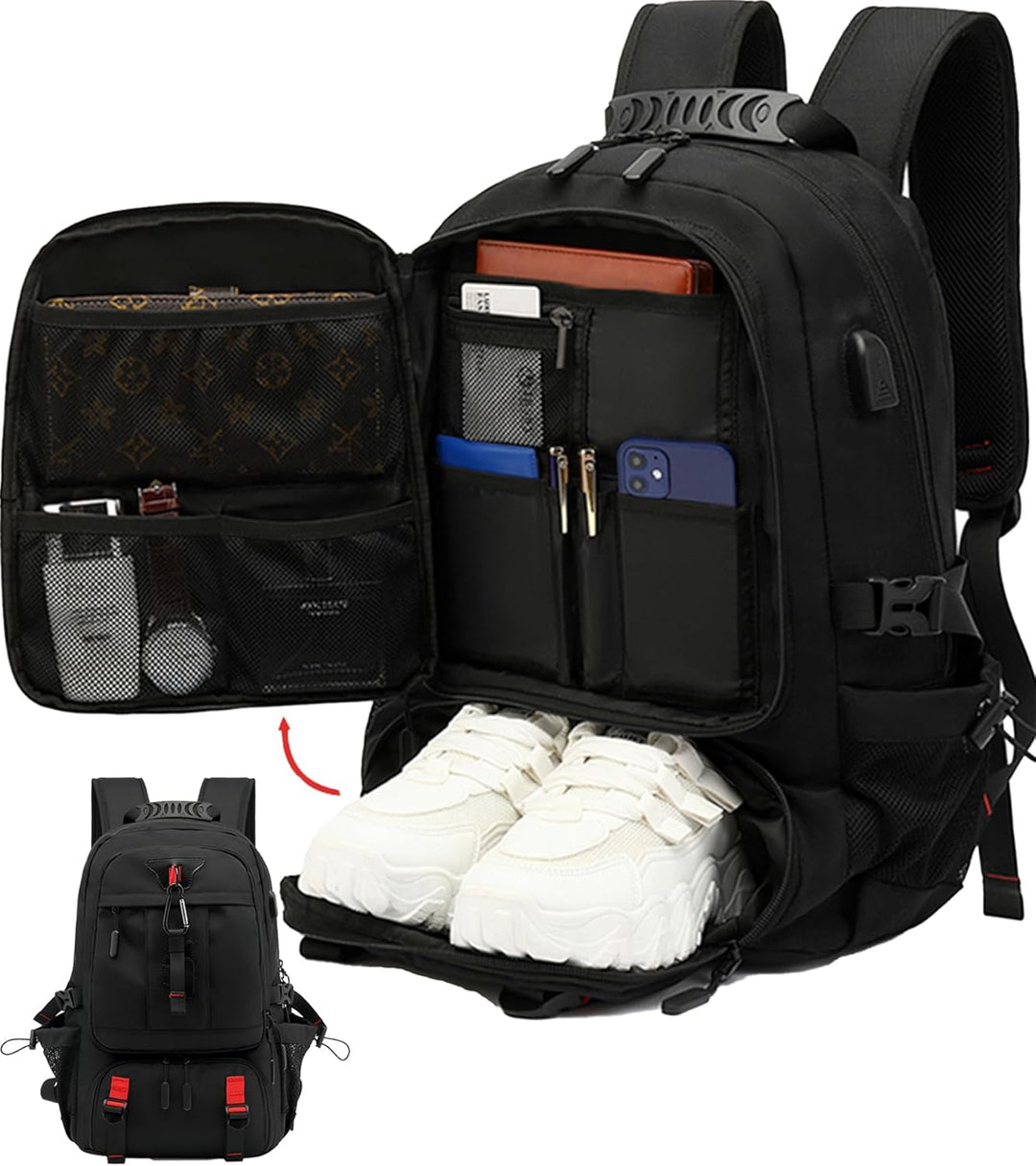 Unisex 60L travel laptop backpack with USB charging port & shoe storage. Water-resistant for adventure.