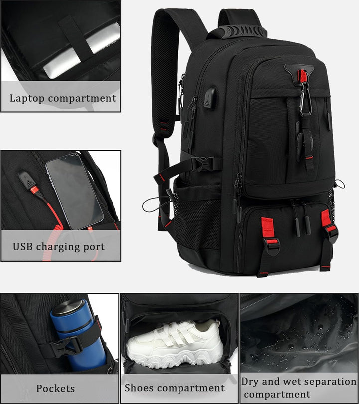 Large capacity 60L travel backpack. Organized storage, includes laptop & shoe compartments, anti-theft design.