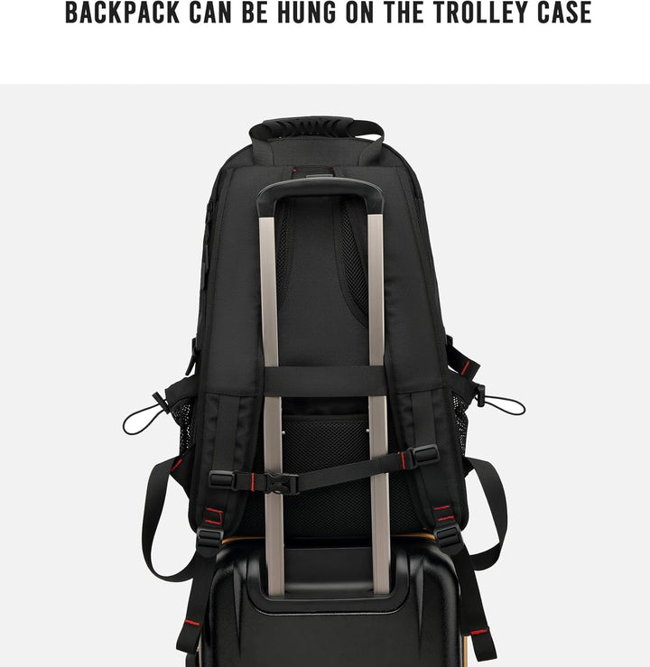 Unisex 60L water-resistant travel backpack. Laptop sleeve, USB charging, shoe compartment. Great for organized adventure.