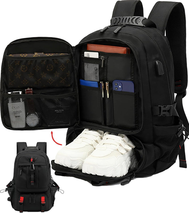 Unisex 60L waterproof travel laptop backpack with USB charging port, ideal for carry-on and weekend trips.