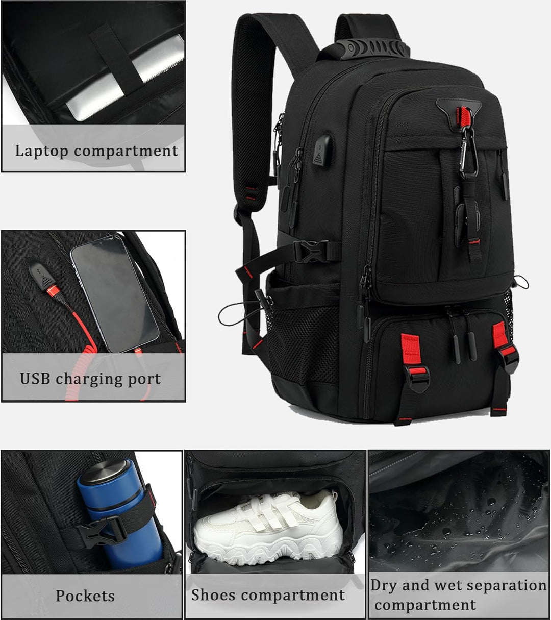 Spacious 60L waterproof travel backpack with multiple compartments, laptop sleeve, and shoe storage for organized packing.