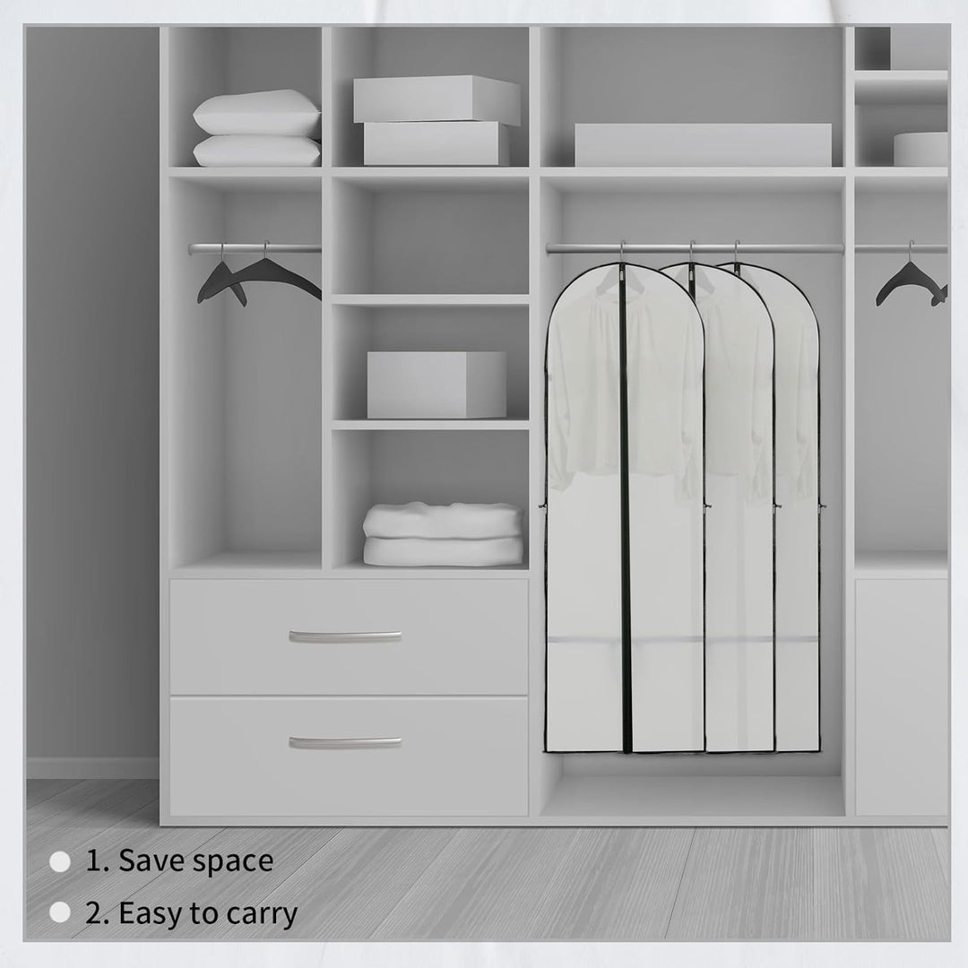 Clear view panel on a black 70-inch dress travel cover, showcasing stored clothing.
