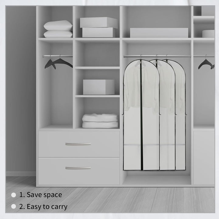 Clear view panel on a black 70-inch dress travel cover, showcasing stored clothing.