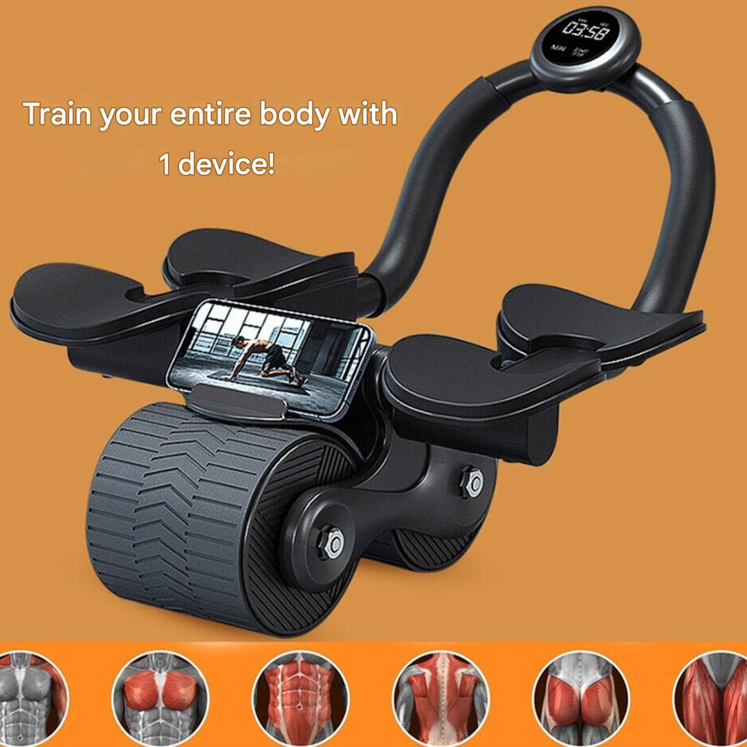 Home fitness equipment: core roller for abs, with workout timer, for strength training.