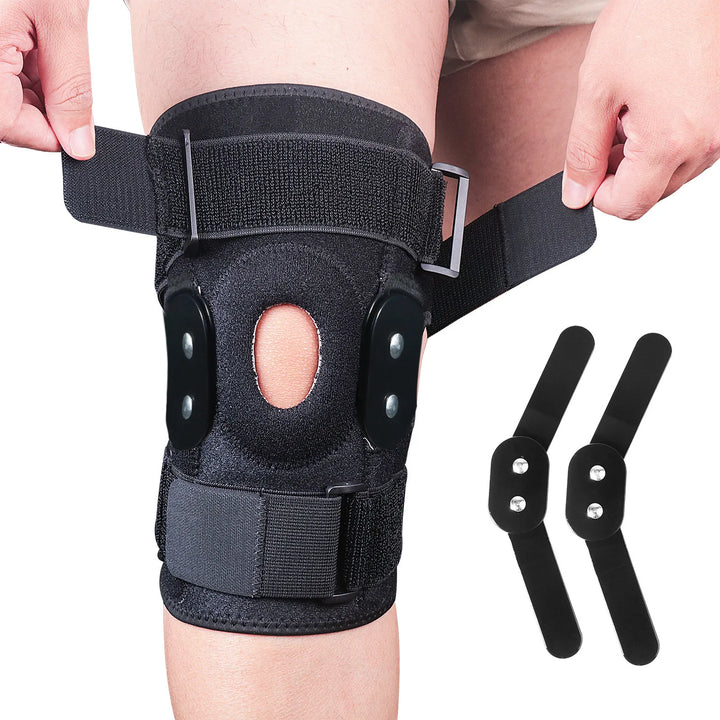 Unisex adjustable hinged knee brace for pain relief & joint support. Ideal for sports recovery & mobility.