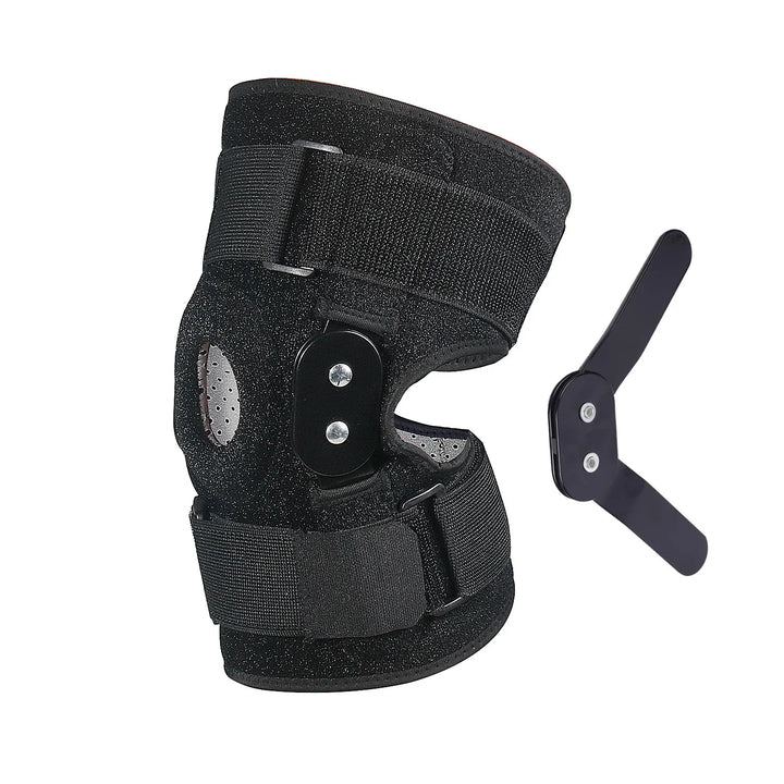 Neoprene hinged knee brace, adjustable for athletic support. Aids sports injury recovery & knee protection.