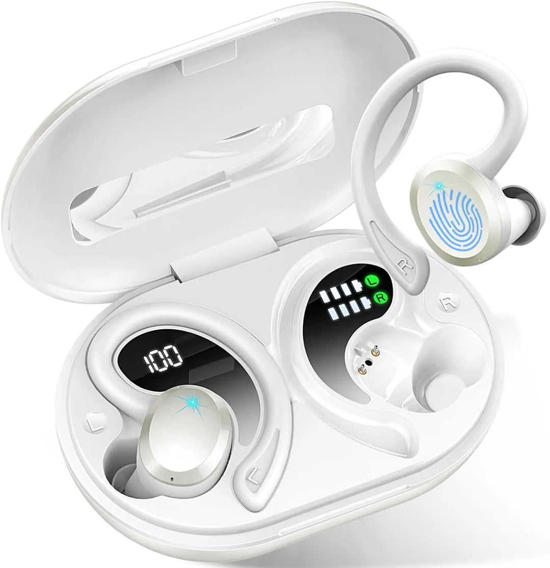 Side profile of AeroTune wireless earbuds in ear, focusing on the secure fit and unobtrusive design.