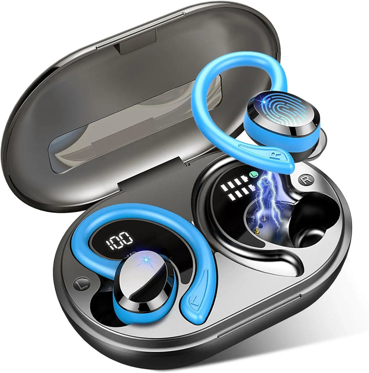Person wearing AeroTune wireless earbuds during a workout, demonstrating their secure fit and active use.