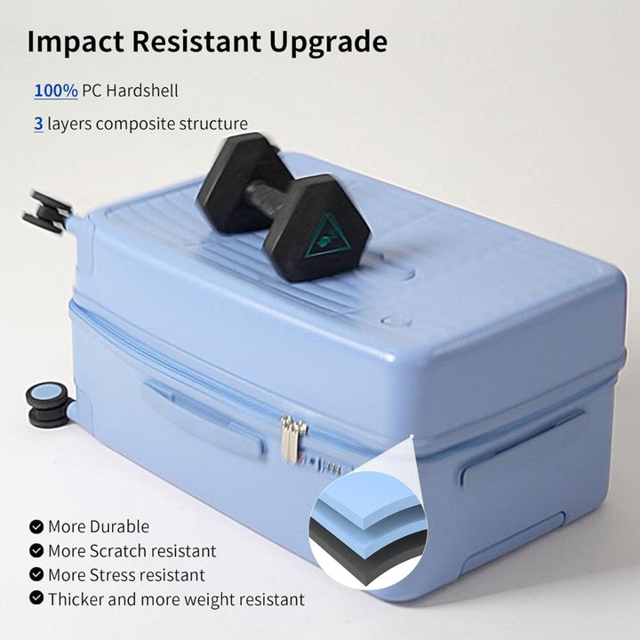 Angle view of 20-inch hardshell carry-on luggage, 3:7 split, showcasing textured PC shell, travel ready