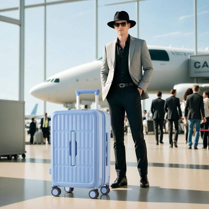 Unisex 20-inch hardshell carry-on luggage at airport, 3:7 split, airline-approved for easy boarding travel