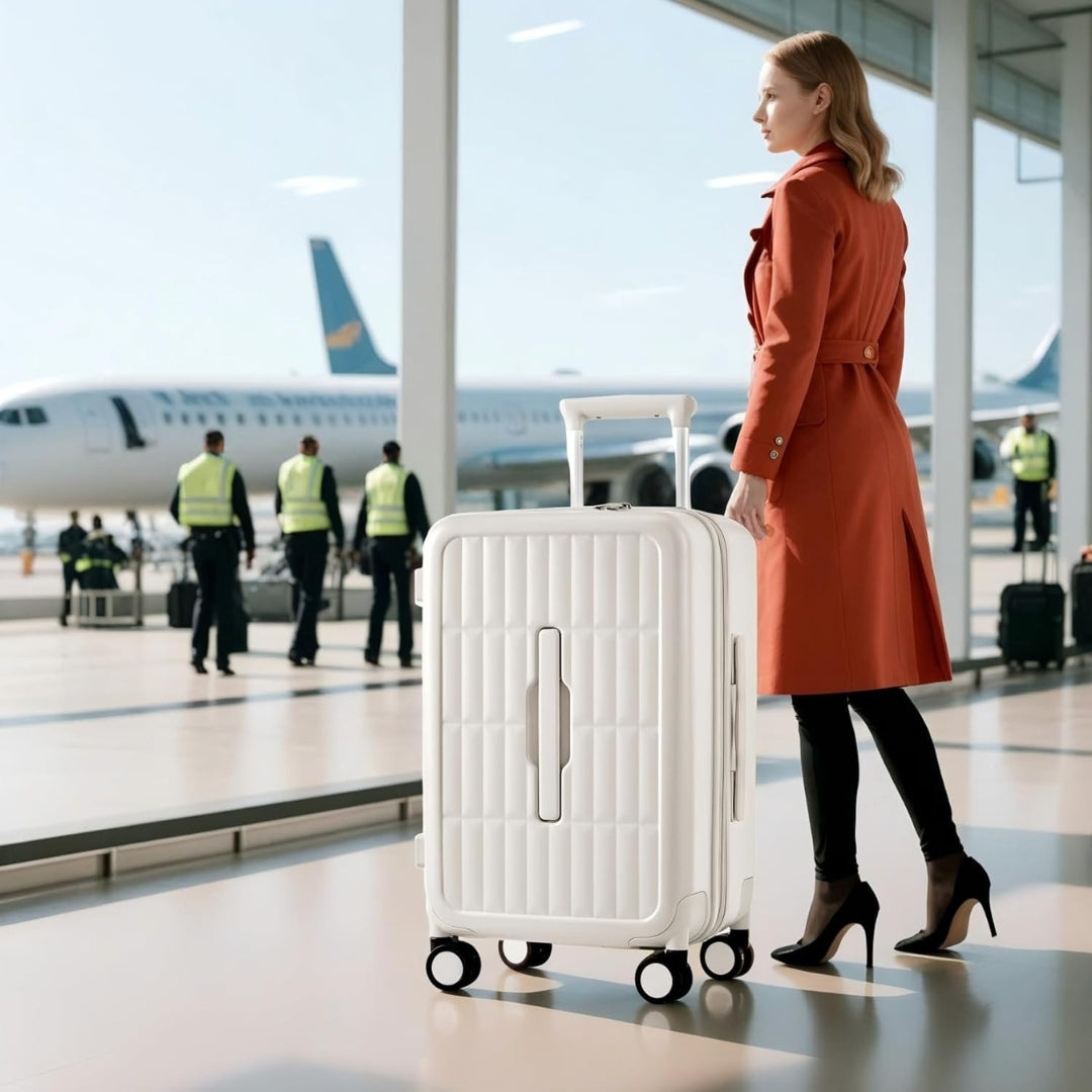 Top-down view of 20-inch hardshell carry-on luggage, 3:7 split, compact and airline-approved for travel