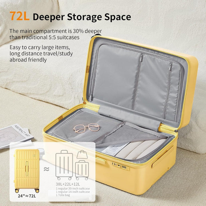Detail of 3:7 split interior of hardshell 20-inch carry-on luggage, maximizing packing space for travel