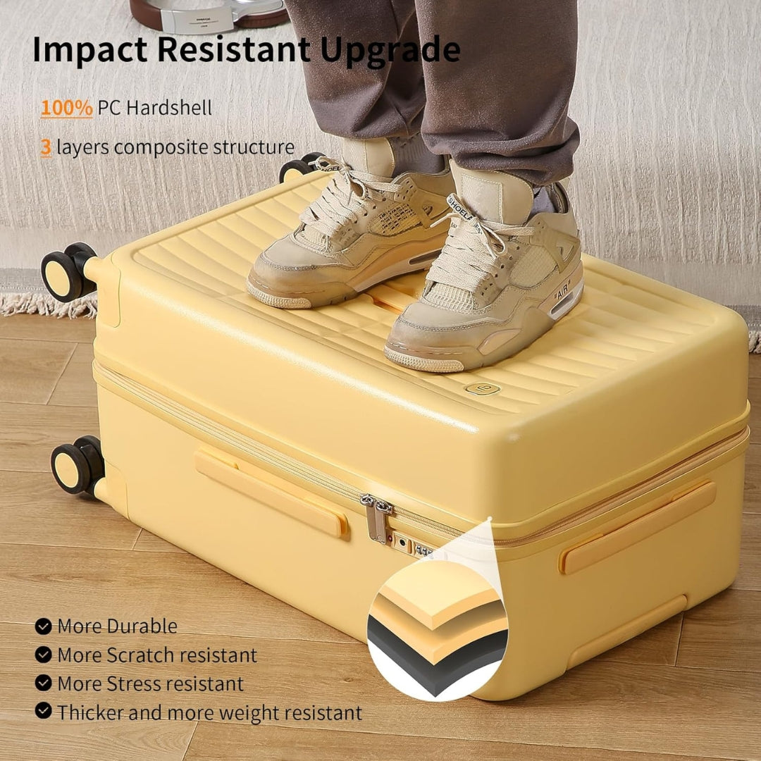 Unisex hardshell carry-on, 20-inch, demonstrating lightweight design despite triple-layer PC shell, travelbag