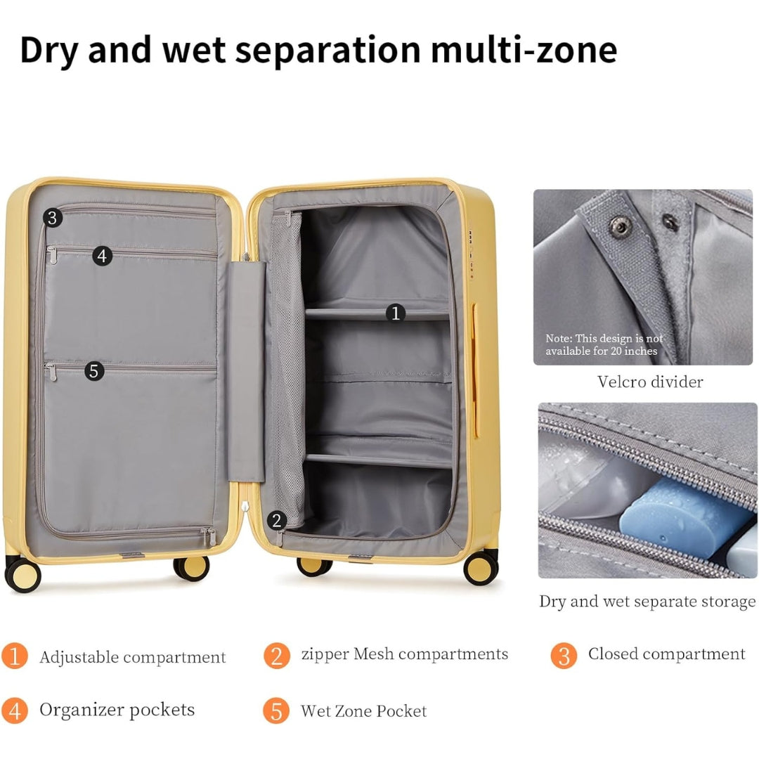 Two 20-inch hardshell carry-on luggage, 3:7 split, stacked showing compact storage, airline-approved travel