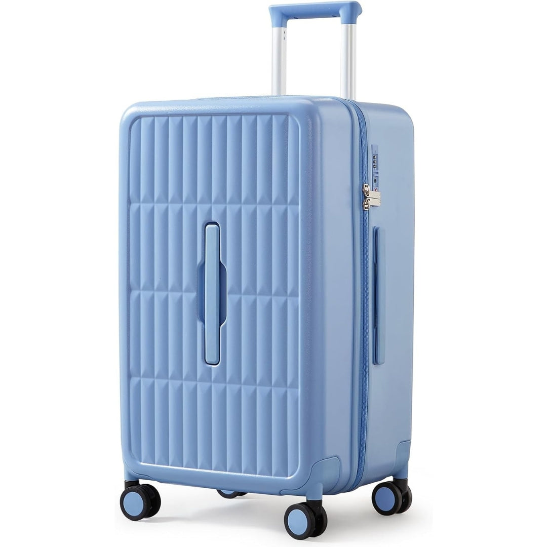 Side view of modern 20-inch hardshell carry-on luggage, 3:7 split, perfect airline-approved travel companion