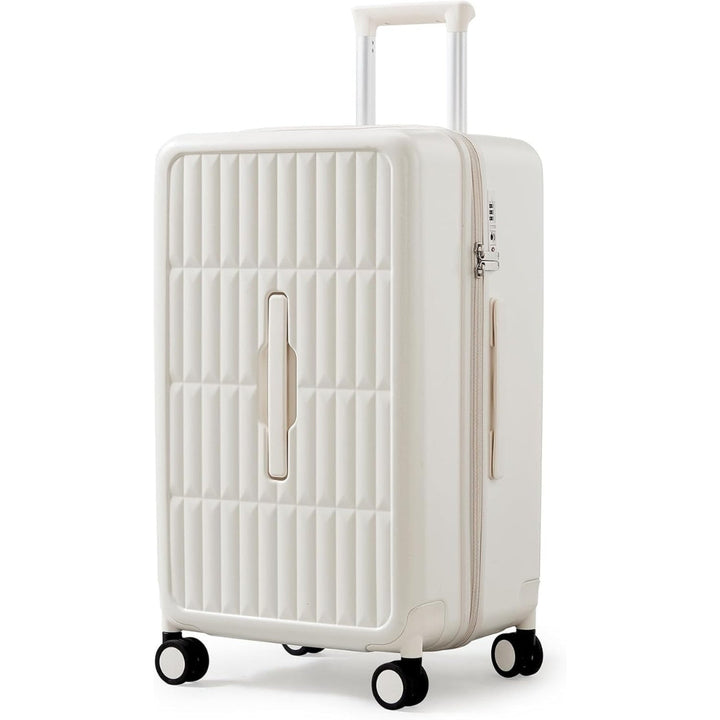 Unisex 20-inch carry-on luggage opened, showcasing 3:7 split packing compartments, durable hardshell design