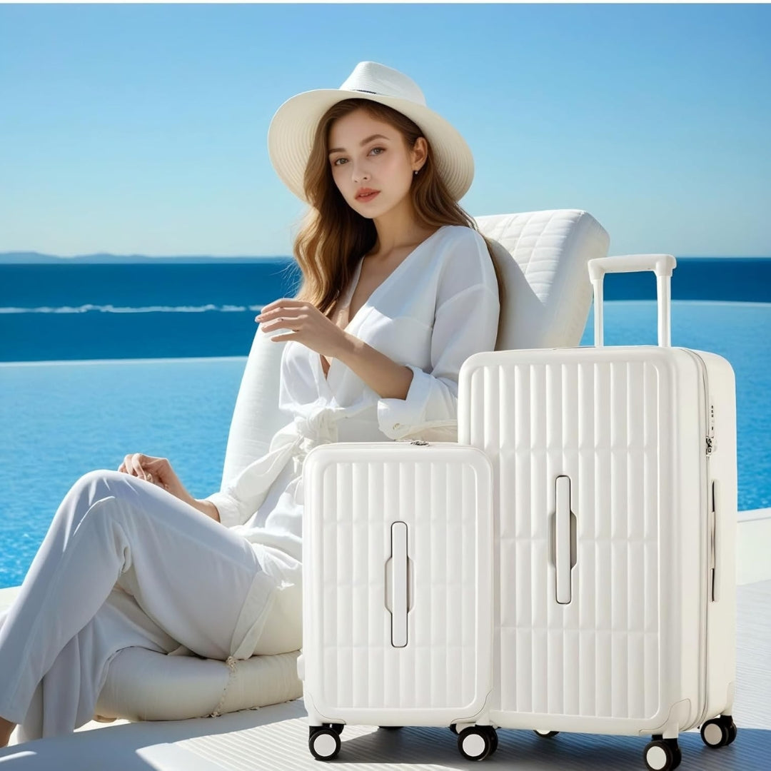 Full view of 20-inch unisex hardshell carry-on luggage, 3:7 split interior, airline-approved for travel