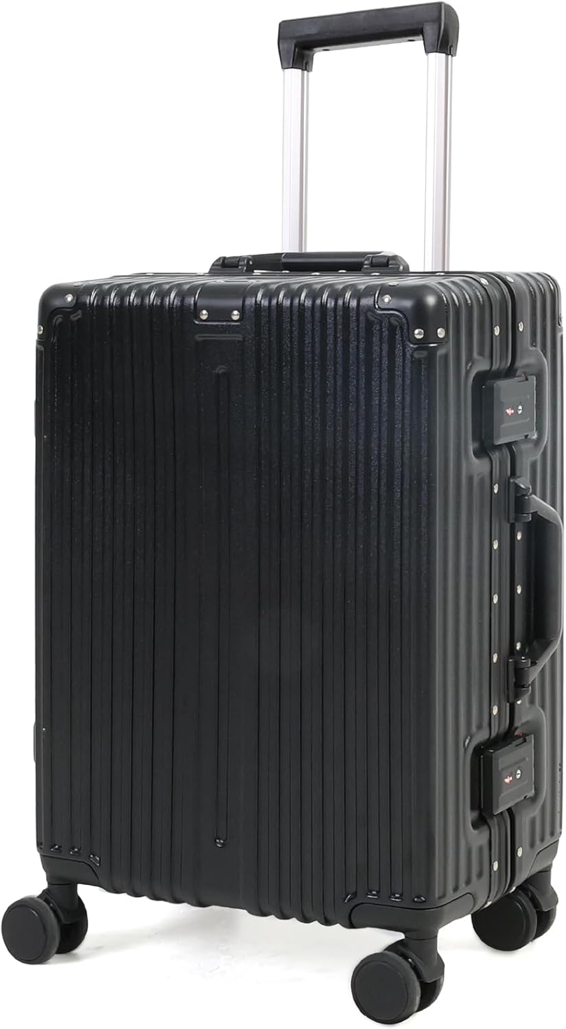 Unisex aluminum frame carry-on luggage with TSA lock, spinner wheels. Durable hardside for secure, smooth travel.