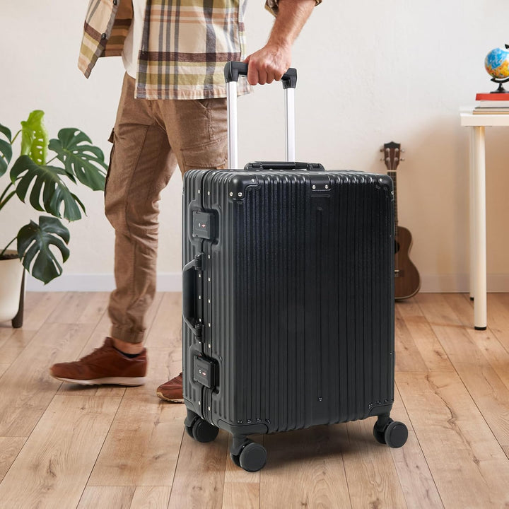 Durable black aluminum hardside carry-on suitcase. Secure TSA lock & spinner wheels for unisex travel essentials.