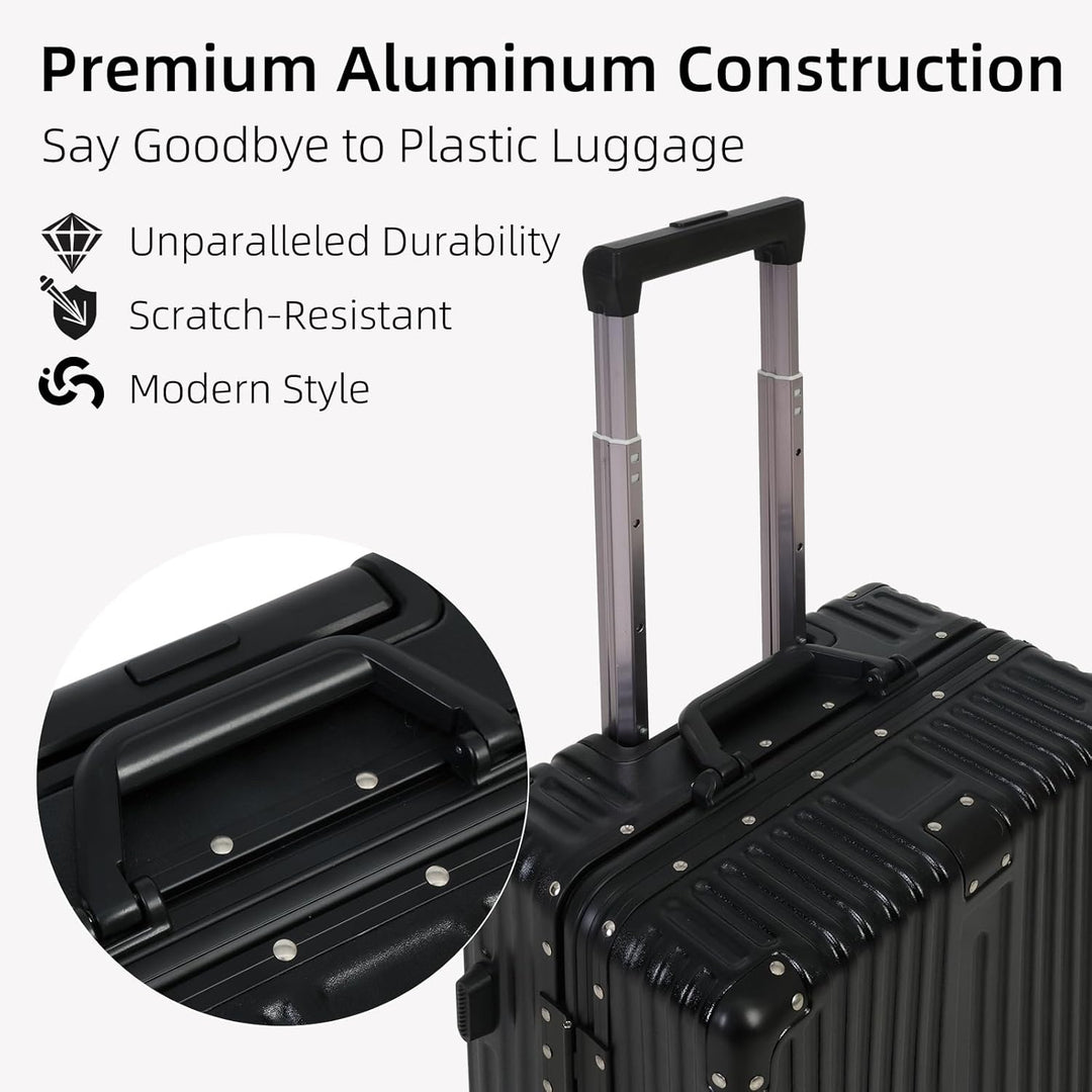 Silver aluminum carry-on suitcase, travel gear with spinner wheels, side view