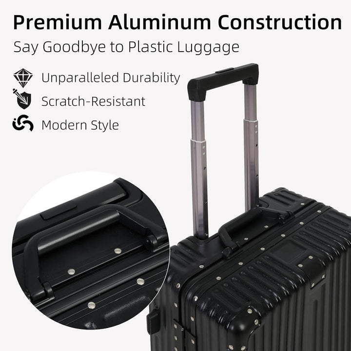 Silver aluminum carry-on suitcase, travel gear with spinner wheels, side view