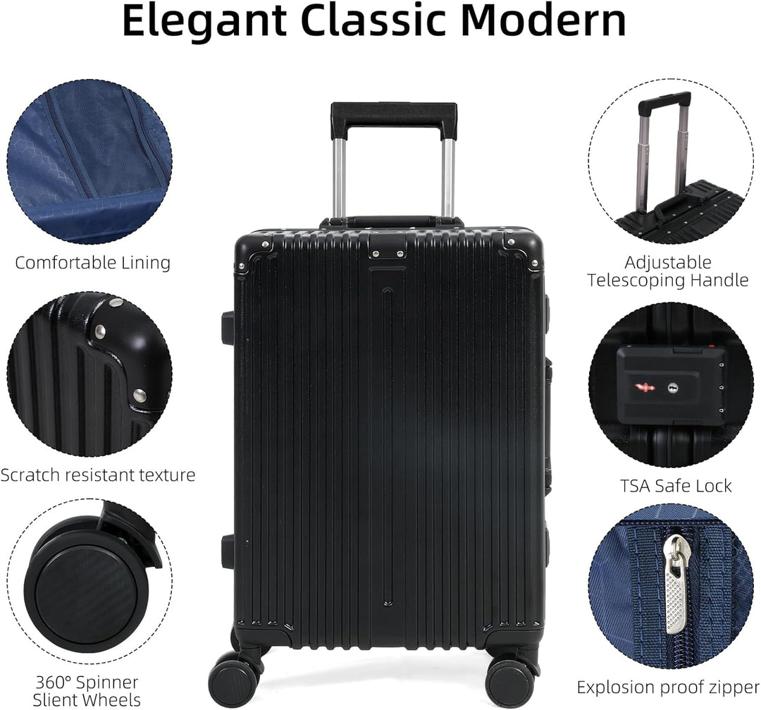 Secure unisex aluminum frame carry-on suitcase. Hardside design, TSA lock. Durable luggage with spinner wheels for travel.