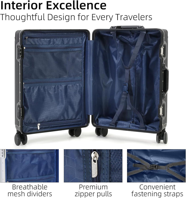 Close-up: Secure TSA lock on a black aluminum hardside carry-on luggage. Spinner wheels visible. Durable unisex travel.