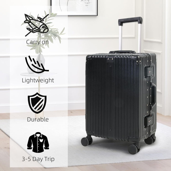Premium aluminum frame carry-on luggage, unisex design. Hardside, TSA lock & spinner wheels for durable, secure travel.