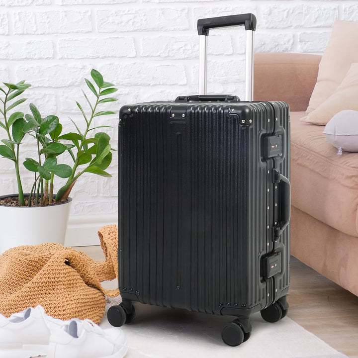 Durable aluminum travel bag, hard shell carry-on luggage with smooth spinner wheels