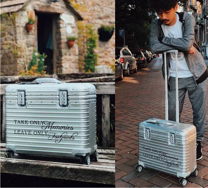 Durable aluminum-magnesium hardshell luggage, silver finish, built for rugged travel. Max protection carry-on.