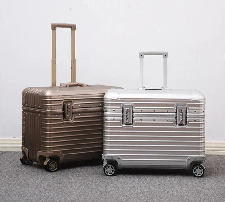 Robust silver aluminum-magnesium hardshell suitcase open, revealing organized interior for efficient packing.