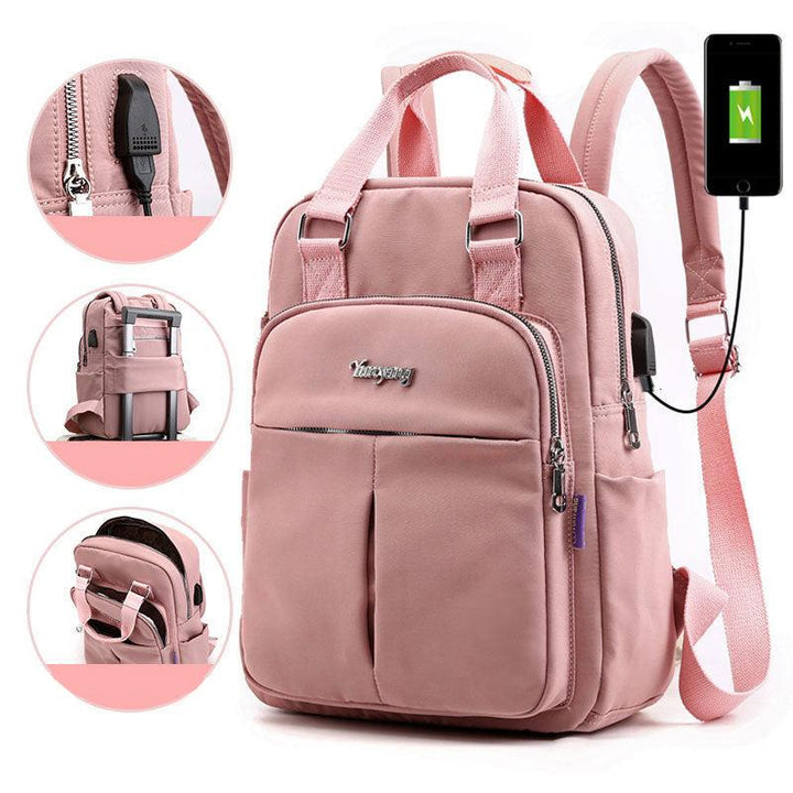 Anti-theft school backpack filled with books, laptop, and essentials, demonstrating multi-compartment organization.