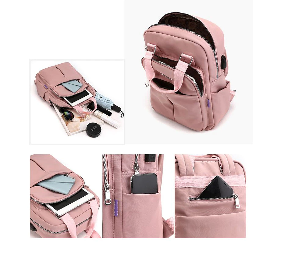 Unisex model commuting with a sleek anti-theft USB charging backpack, ideal for city travel.